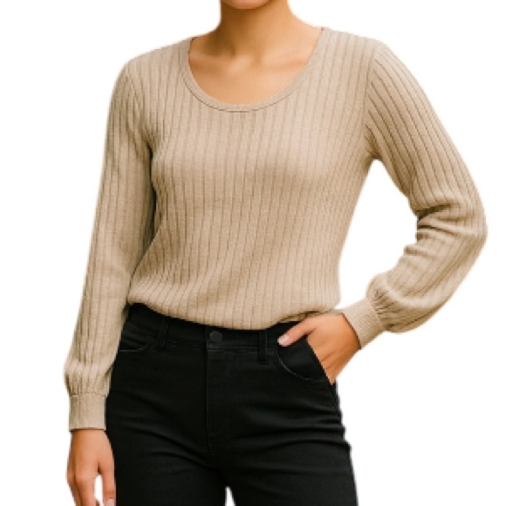 SHEIN Wide Ribbed Fuzzy Sweater Oatmeal Scoop Neck Cuffed Long Sleeve Stretch M